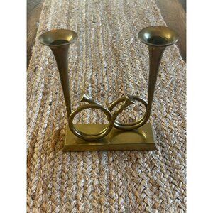 Vintage Brass French Horn Double Candlestick Holder